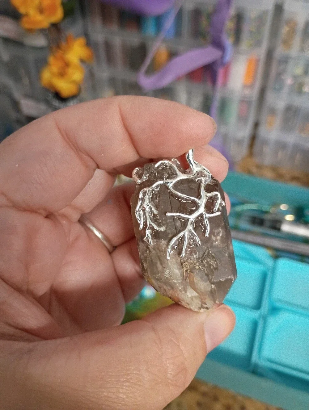 Whispers of the Earth Mother: Raw Smokey Quartz and Freeform Mixed Metal Pendant